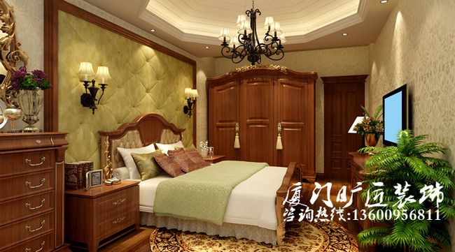 本方案属于简约欧式风格。采用欧式新古典主义元素加以装饰,并注重材质的挑选与使用,做到尽善尽美。 地面选用半仿古砖铺贴,客厅顶部采用轻钢龙骨石膏板造型吊顶,餐厅圆弧形吊顶。 客餐厅之间装饰运用了欧式元素配以壁纸及豪华水晶灯具,突出了欧式风格的庄重与典雅。在配色方面比较胆,运用了冷色系的壁纸、家具和配饰,使整个设计方案看起来更有气质,给人清爽舒适的感觉,也使整个房间看起来更加精致,增强美感和色彩感,使房间在视觉上的层次加强,色彩也更丰富。 电视背景墙采用护墙板和石膏线造型,造型虽然简单但是这样扩大了背景墙的视